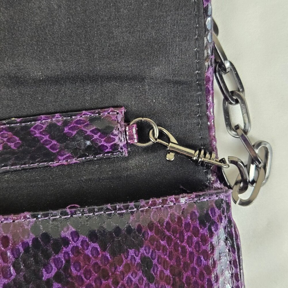 White House Black Market Purple Black Snakeskin Print Clutch Removable Chain - Picture 9 of 15